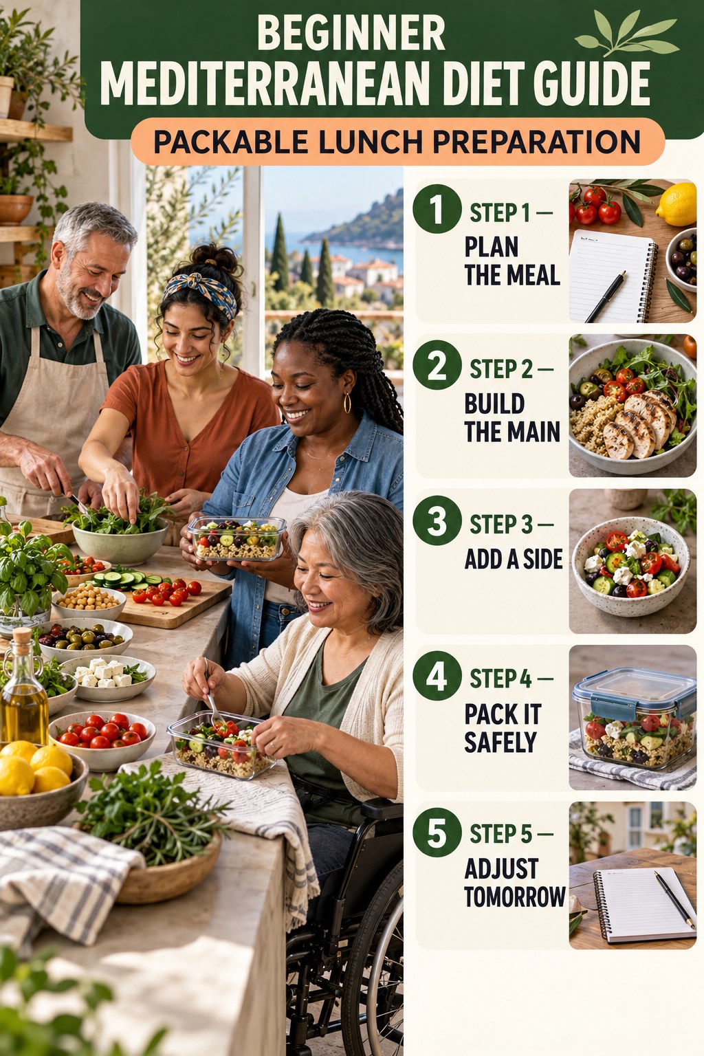 Mediterranean Diet beginner guide graphic showing five manageable stages for packable lunch preparation.