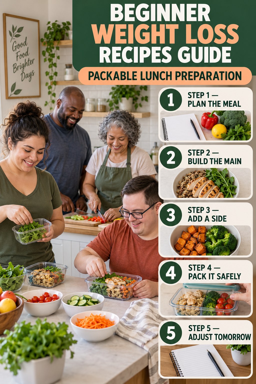 Weight Loss Recipes beginner guide graphic showing five manageable stages for packable lunch preparation.