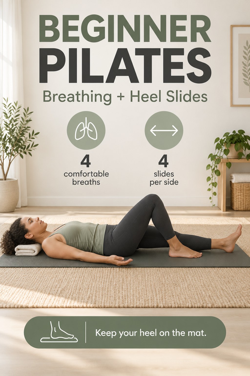 Adult lies on a Pilates mat with one heel sliding forward and a simple breathing and repetition guide.
