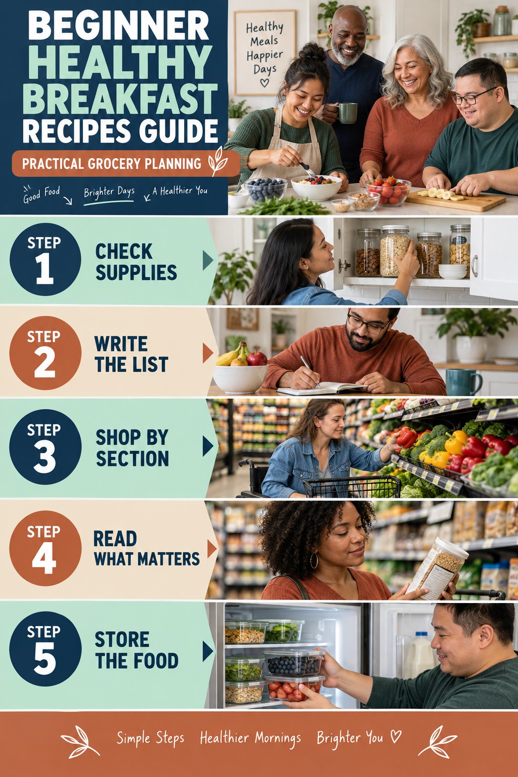 Healthy Breakfast Recipes beginner guide graphic showing five manageable stages for practical grocery planning.