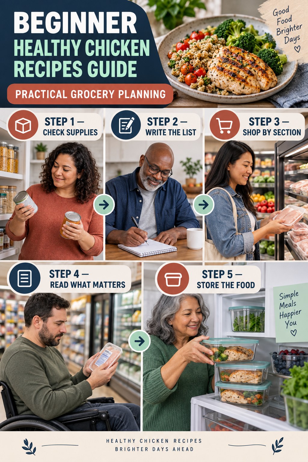 Healthy Chicken Recipes beginner guide graphic showing five manageable stages for practical grocery planning.