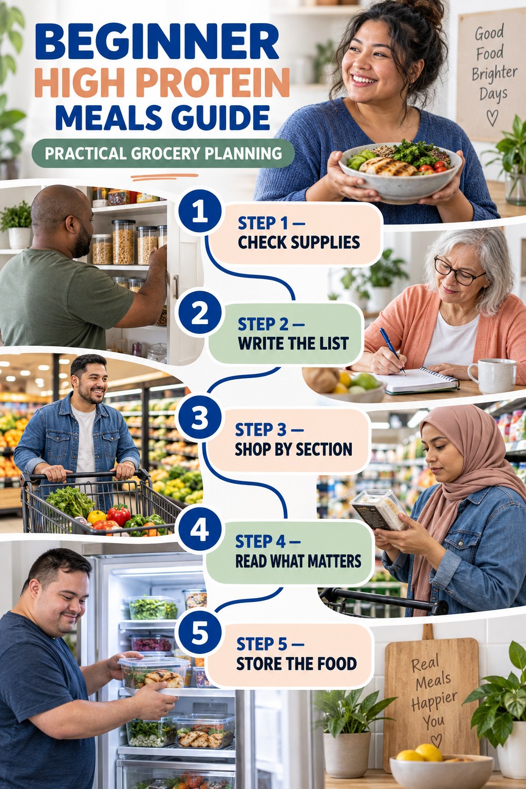 High Protein Meals beginner guide graphic showing five manageable stages for practical grocery planning.