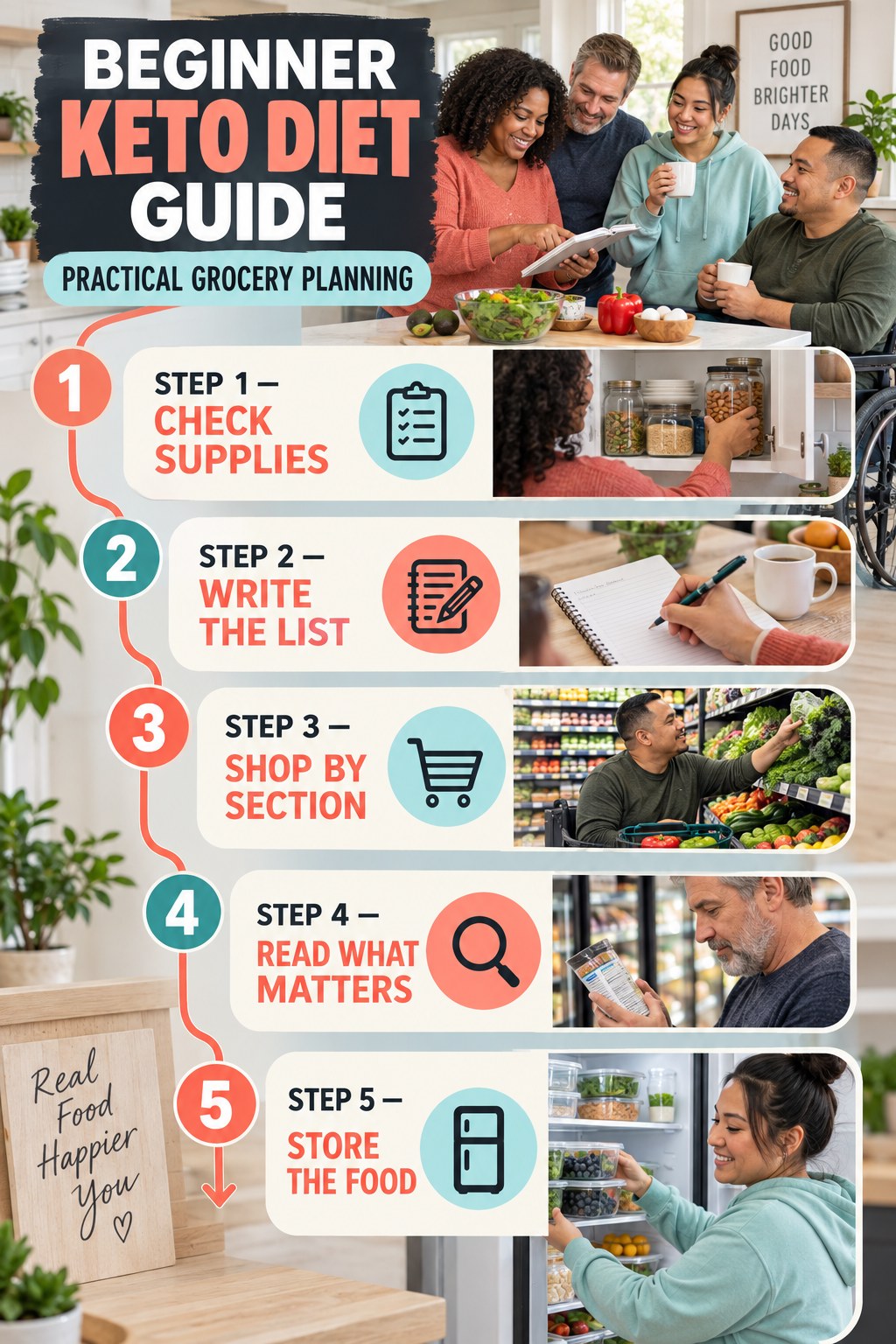 Keto Diet beginner guide graphic showing five manageable stages for practical grocery planning.