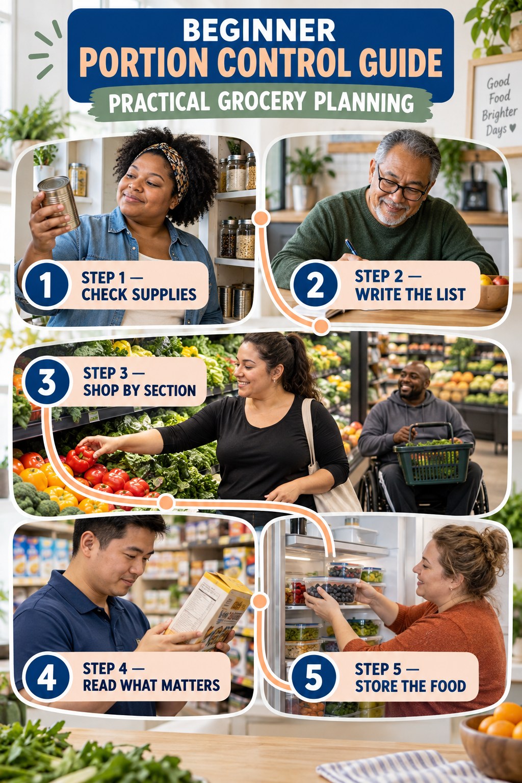 Portion Control beginner guide graphic showing five manageable stages for practical grocery planning.