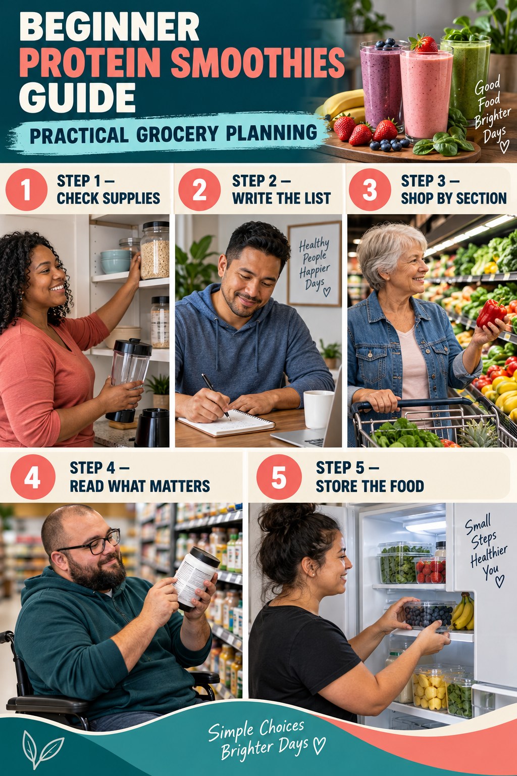 Protein Smoothies beginner guide graphic showing five manageable stages for practical grocery planning.