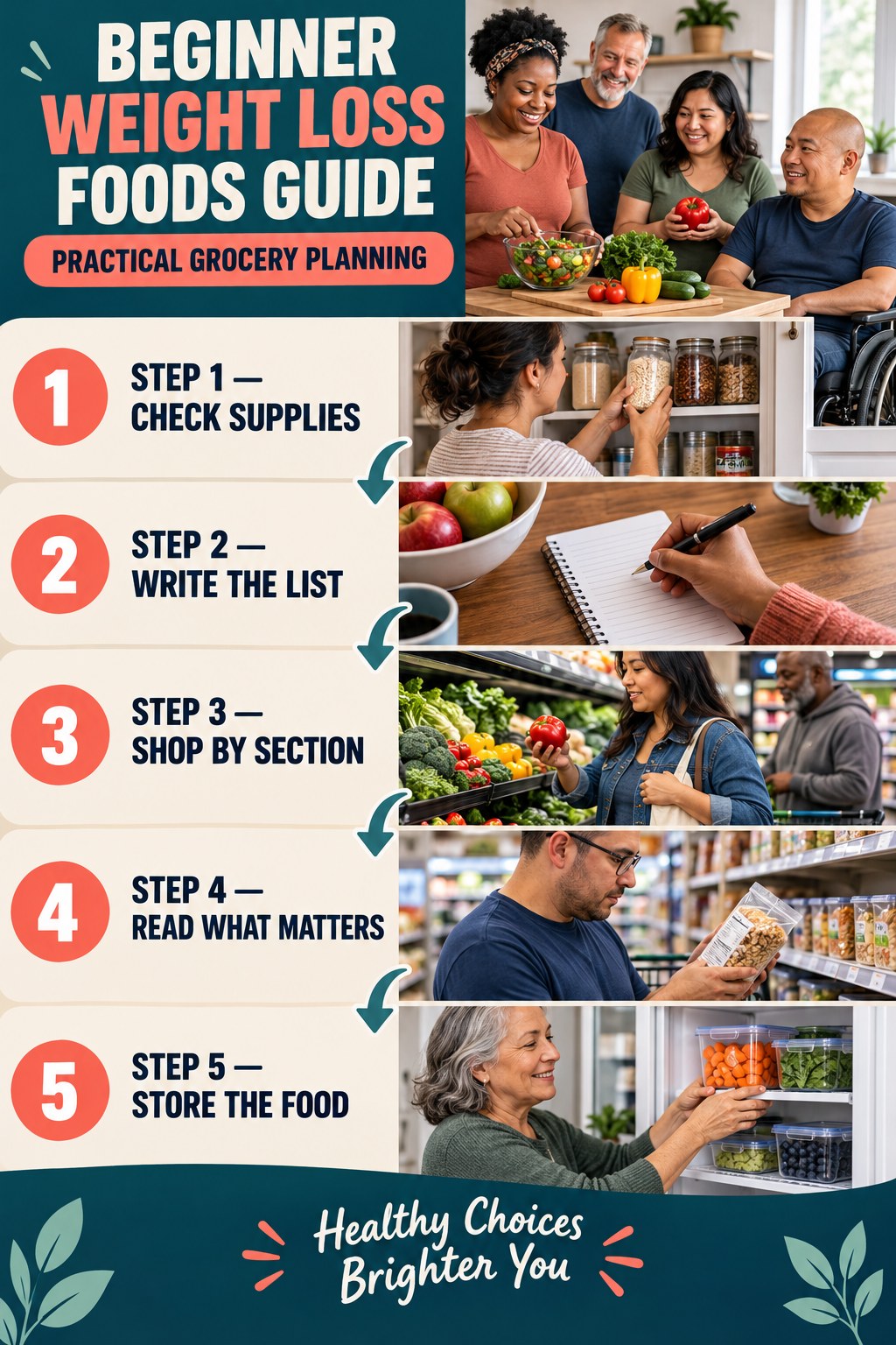 Weight Loss Foods beginner guide graphic showing five manageable stages for practical grocery planning.