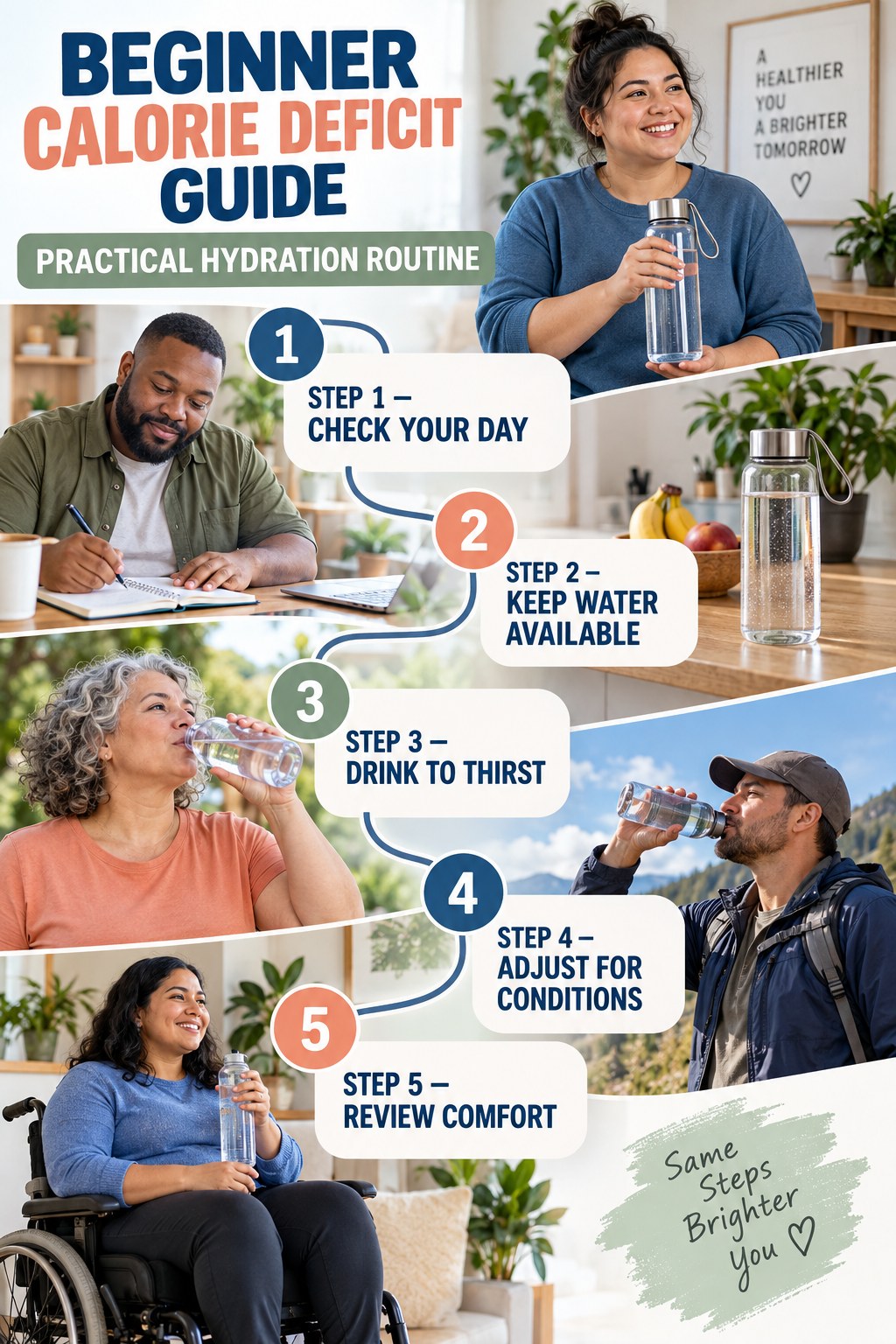 Calorie Deficit beginner guide graphic showing five manageable stages for practical hydration routine.