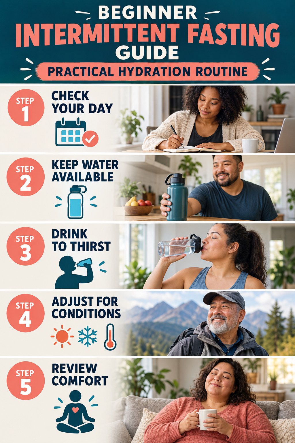 Intermittent Fasting beginner guide graphic showing five manageable stages for practical hydration routine.