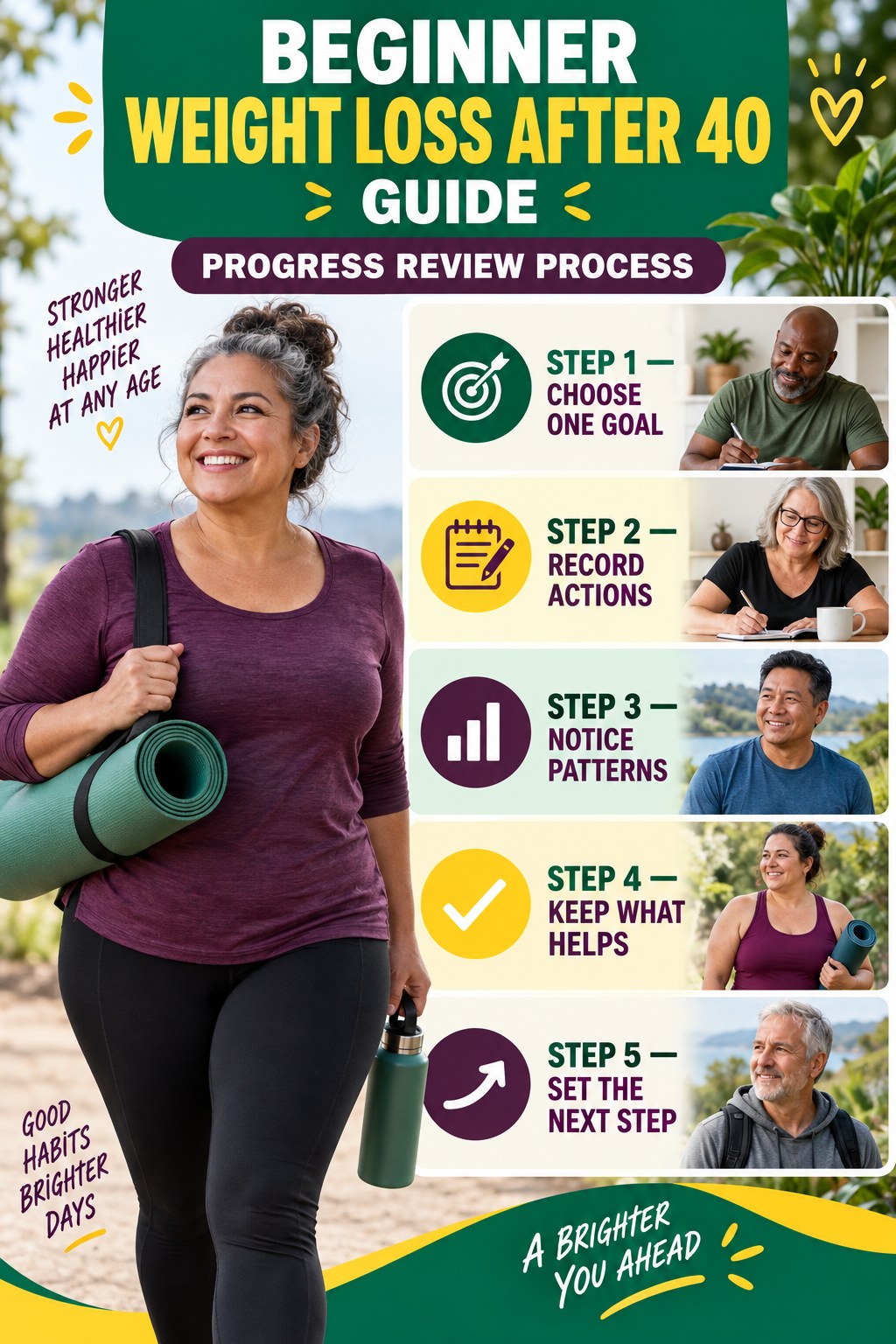 Weight Loss After 40 beginner guide graphic showing five manageable stages for progress review process.