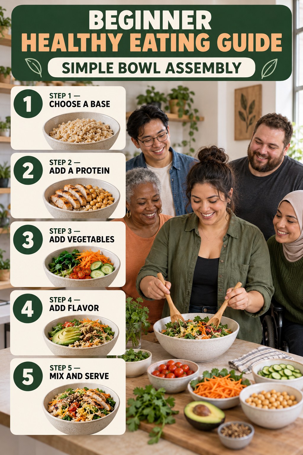 Healthy Eating beginner guide graphic showing five manageable stages for simple bowl assembly.