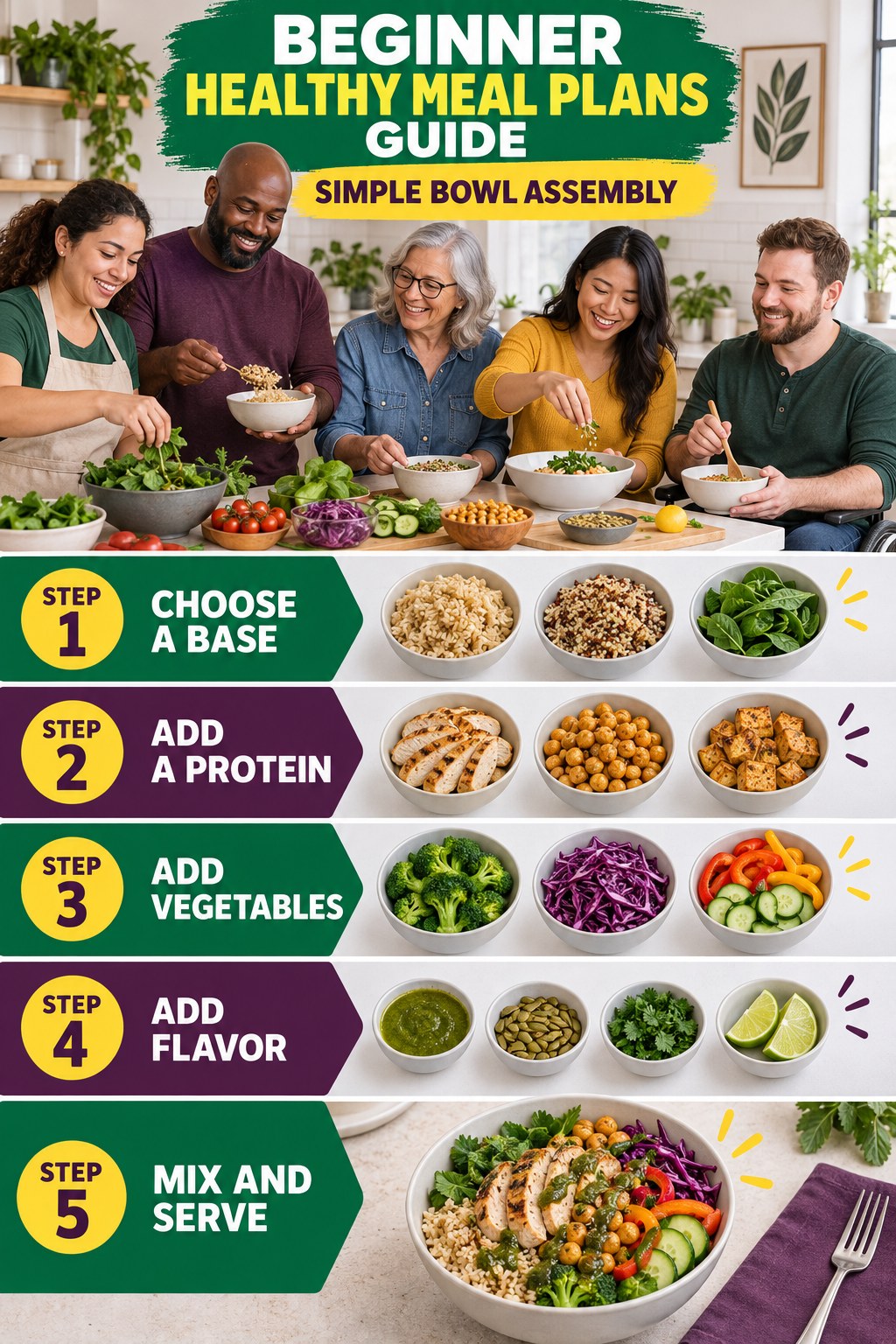 Healthy Meal Plans beginner guide graphic showing five manageable stages for simple bowl assembly.