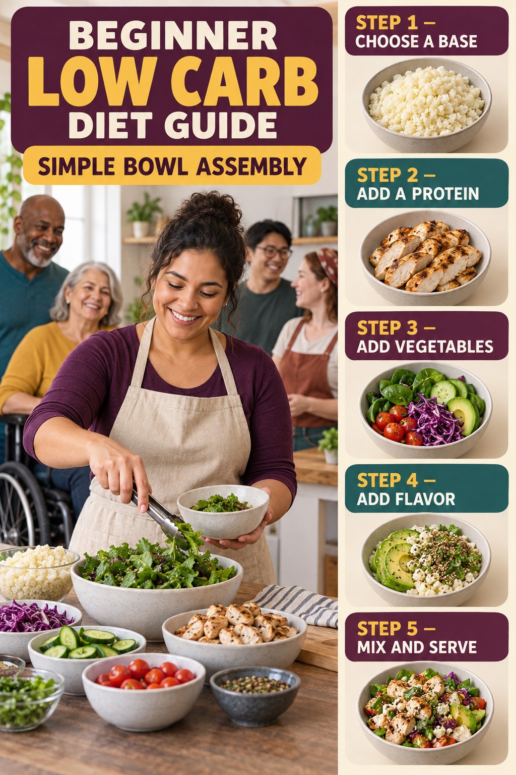 Low Carb Diet beginner guide graphic showing five manageable stages for simple bowl assembly.