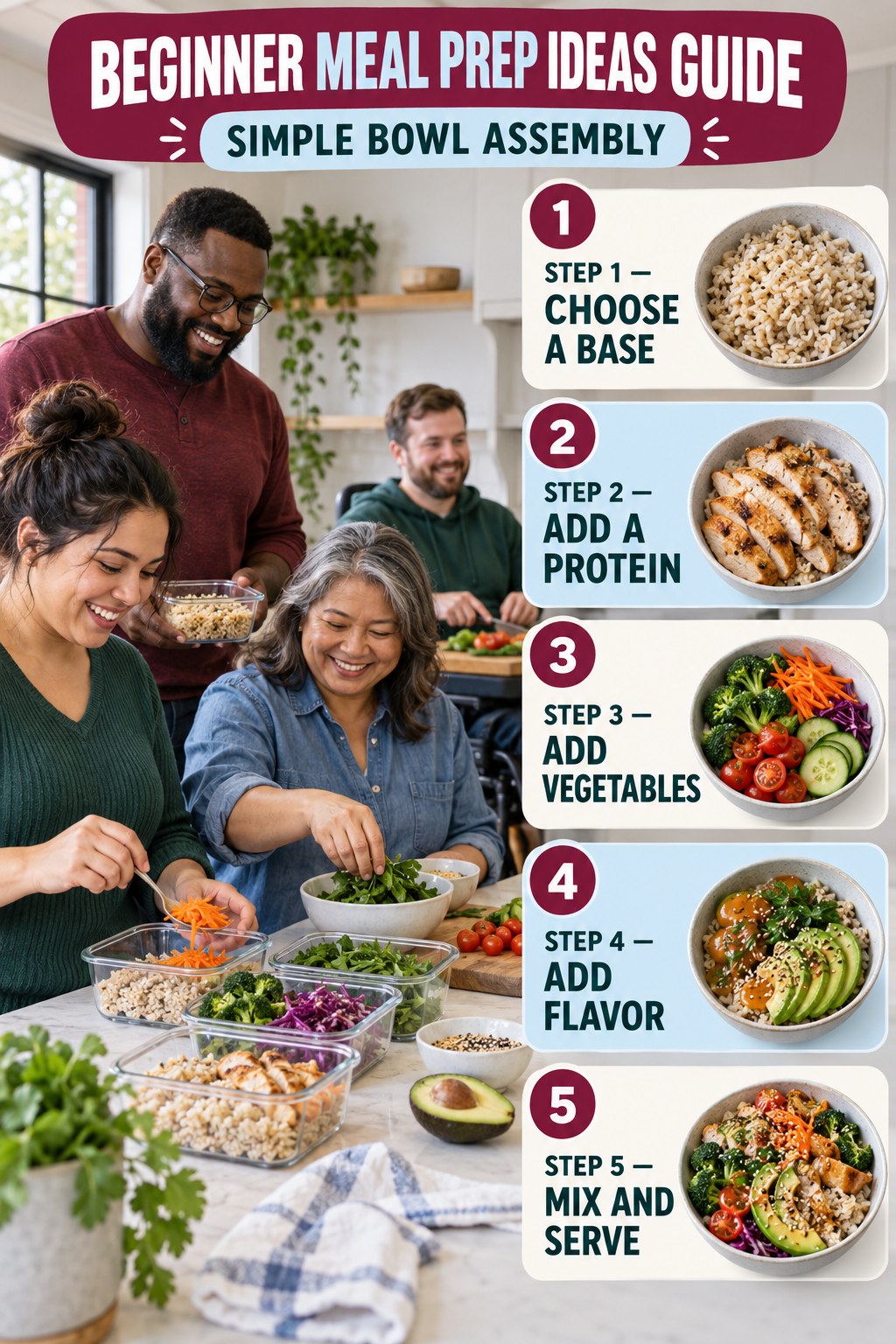 Meal Prep Ideas beginner guide graphic showing five manageable stages for simple bowl assembly.