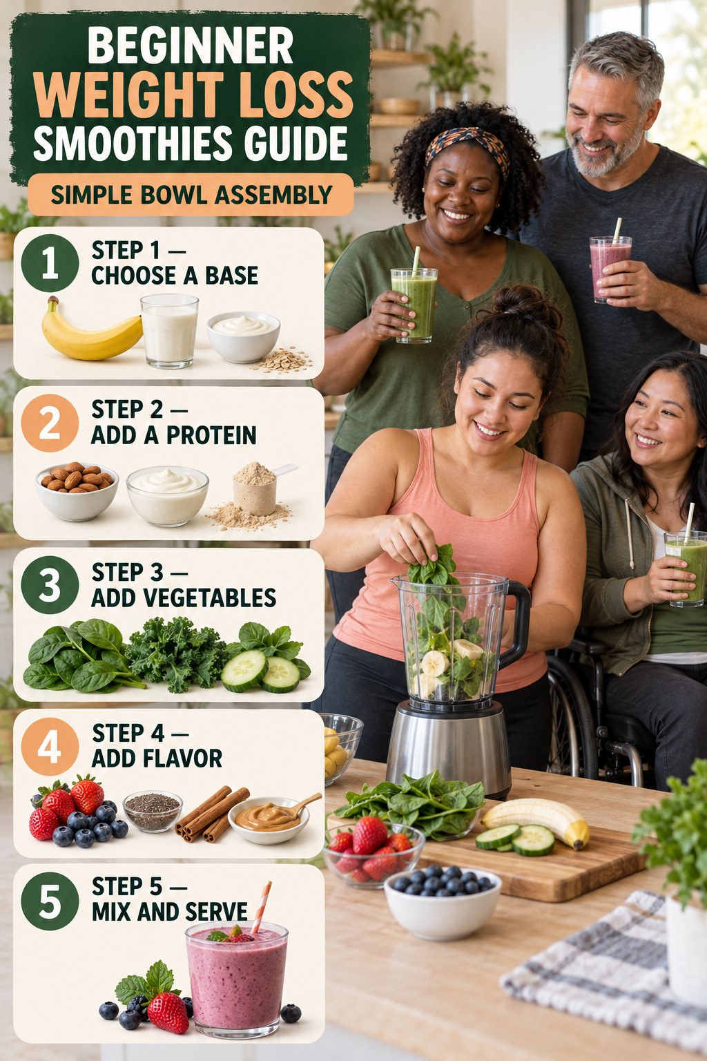 Weight Loss Smoothies beginner guide graphic showing five manageable stages for simple bowl assembly.