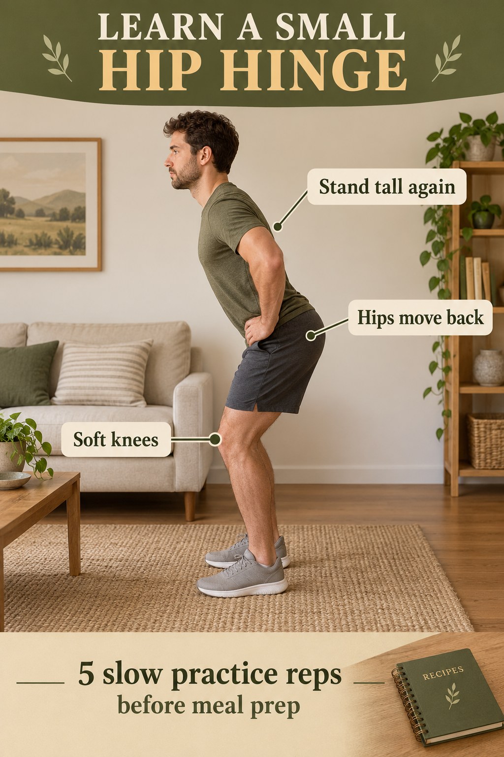 A man demonstrates a shallow hip hinge with callouts for soft knees, hips moving back, and standing tall again.