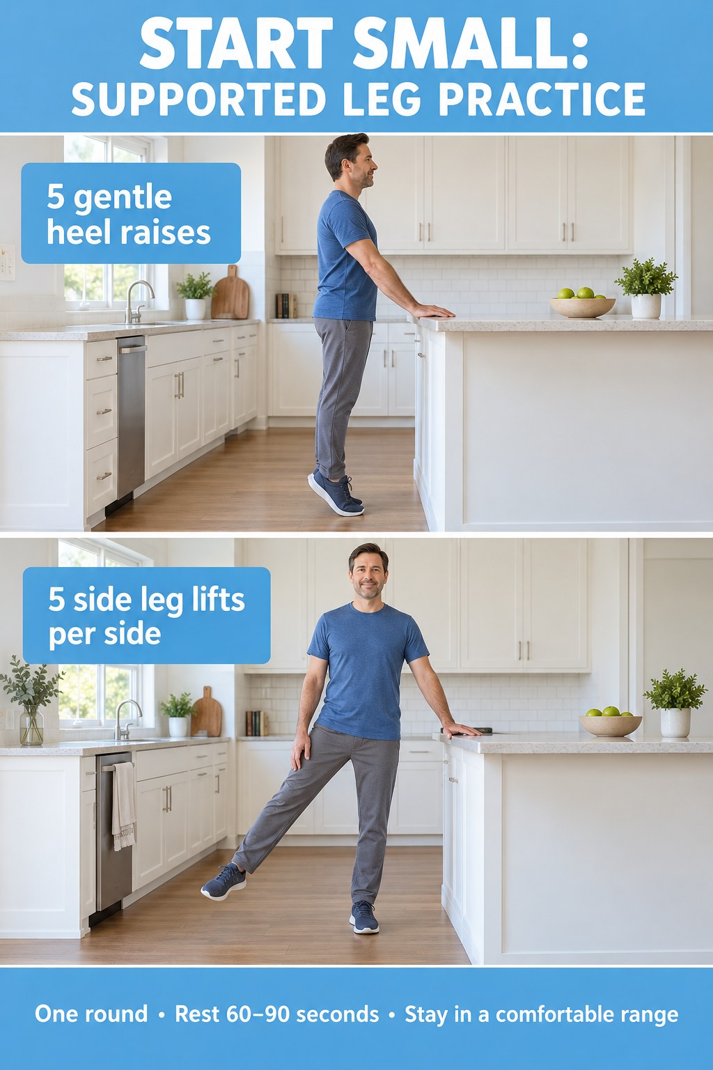 A man uses a fixed counter for five heel raises and five side leg lifts per side with 60–90 seconds of rest.