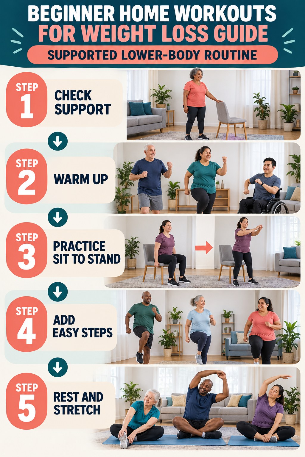 Home Workouts for Weight Loss beginner guide graphic showing five manageable stages for supported lower-body routine.