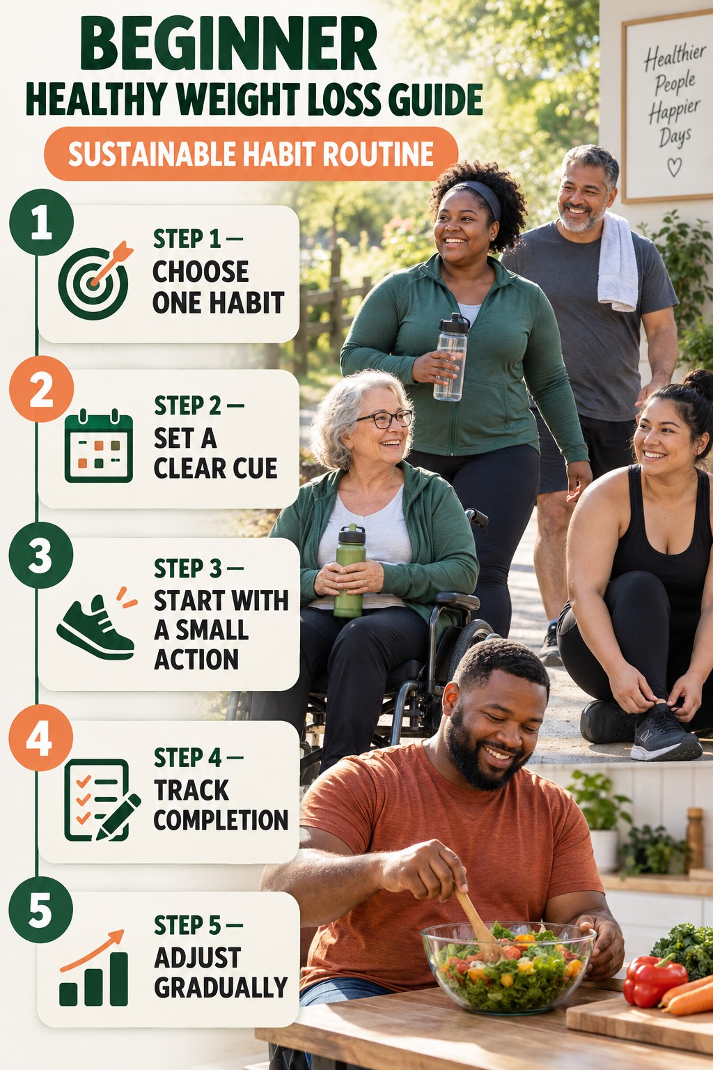 Healthy Weight Loss beginner guide graphic showing five manageable stages for sustainable habit routine.