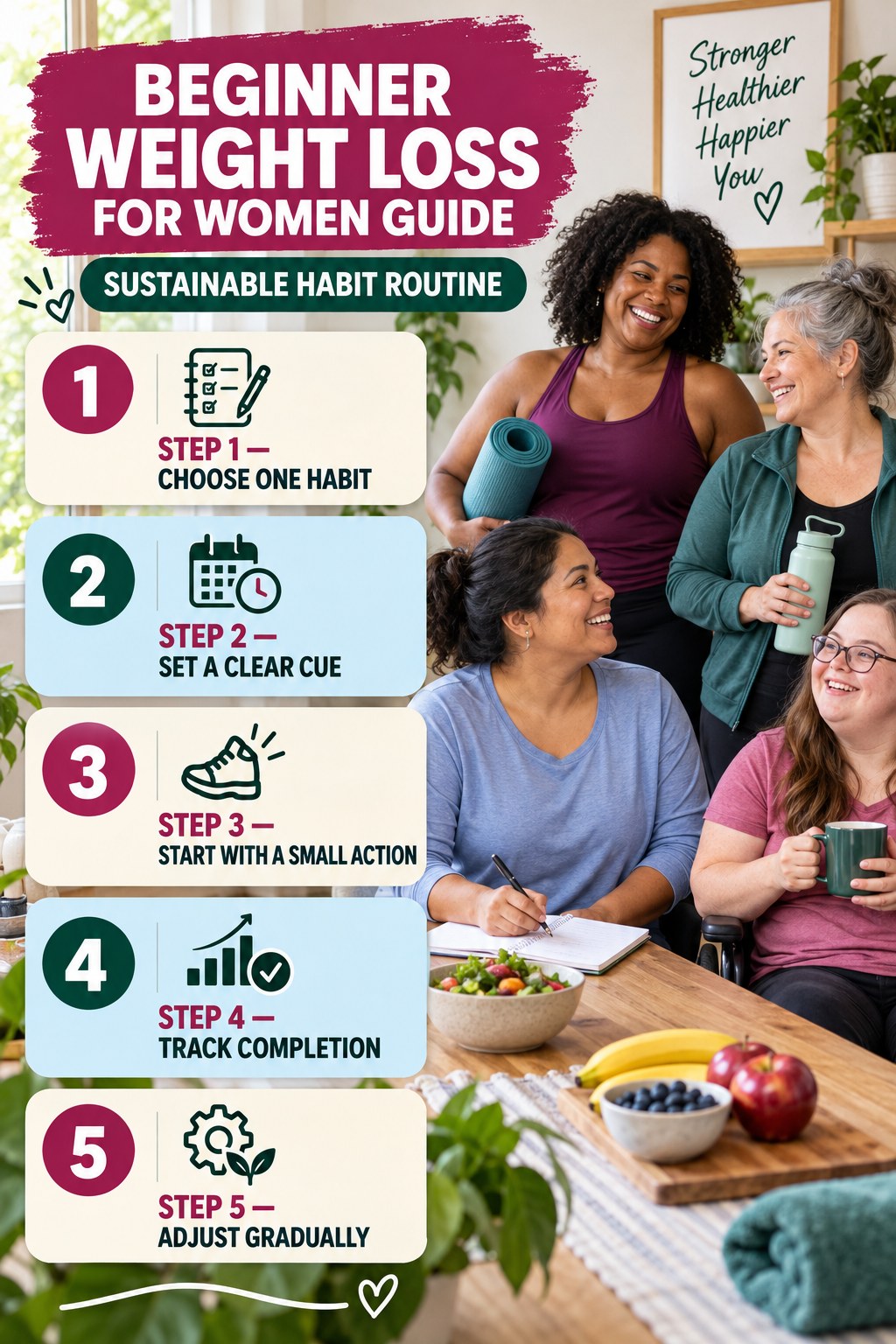 Weight Loss for Women beginner guide graphic showing five manageable stages for sustainable habit routine.