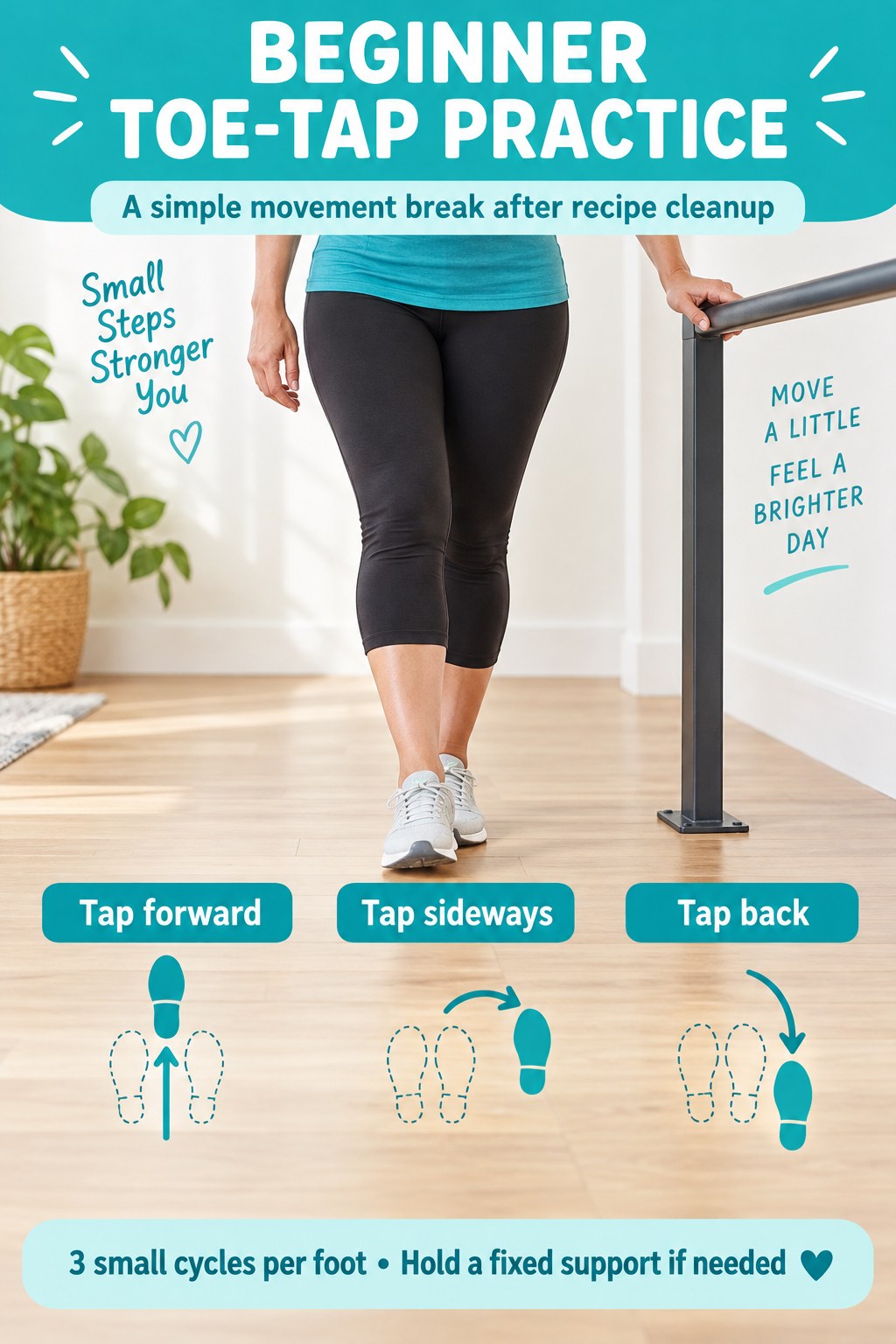 A woman beside a fixed rail and three footprint diagrams illustrate forward, sideways, and backward beginner toe taps.