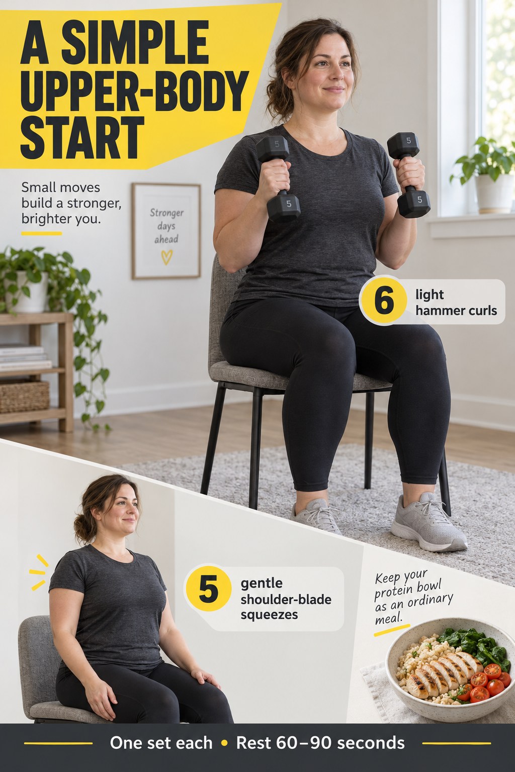A seated woman performs light hammer curls above a smaller shoulder-blade squeeze illustration and protein bowl.