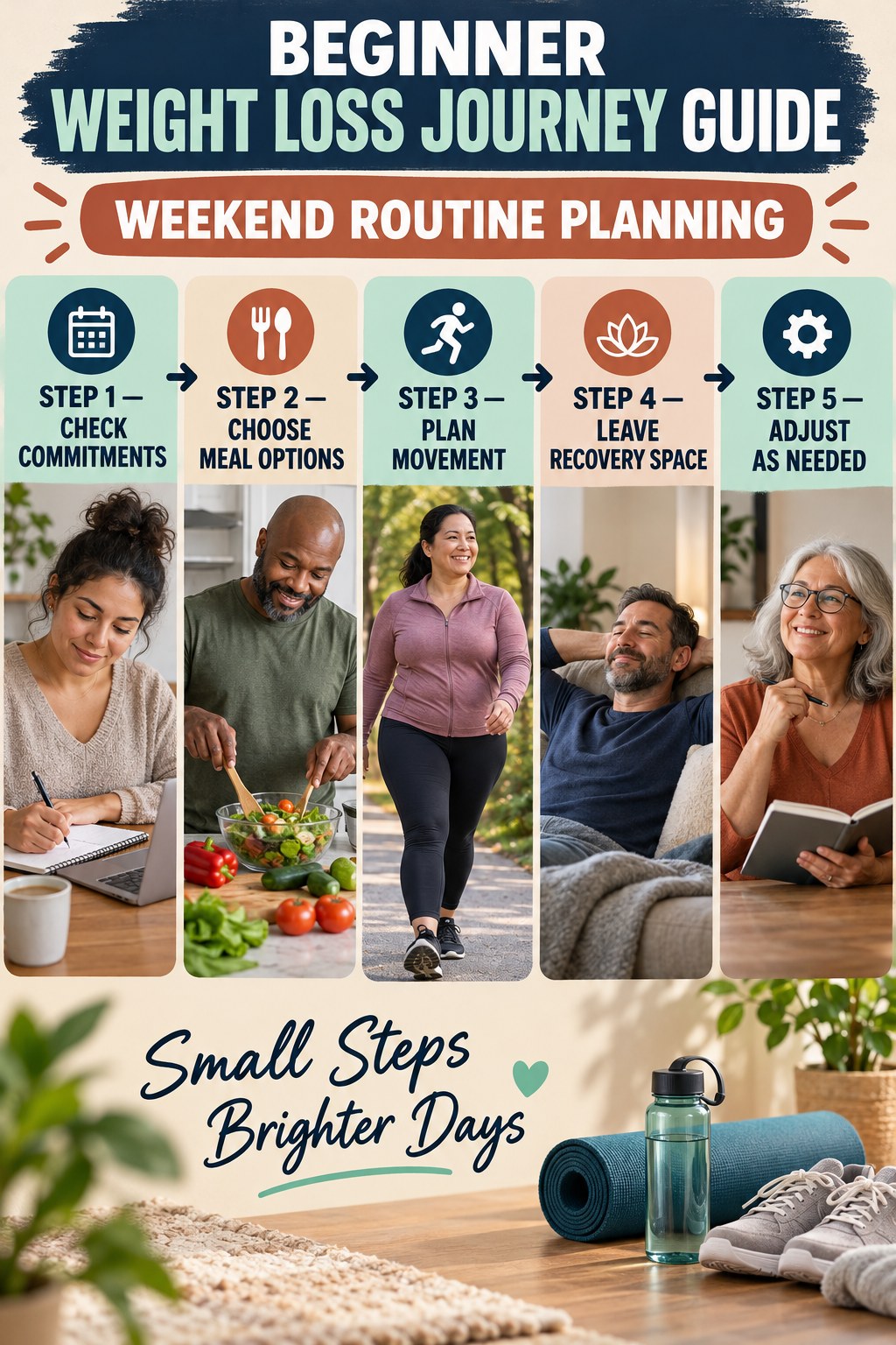 Weight Loss Journey beginner guide graphic showing five manageable stages for weekend routine planning.