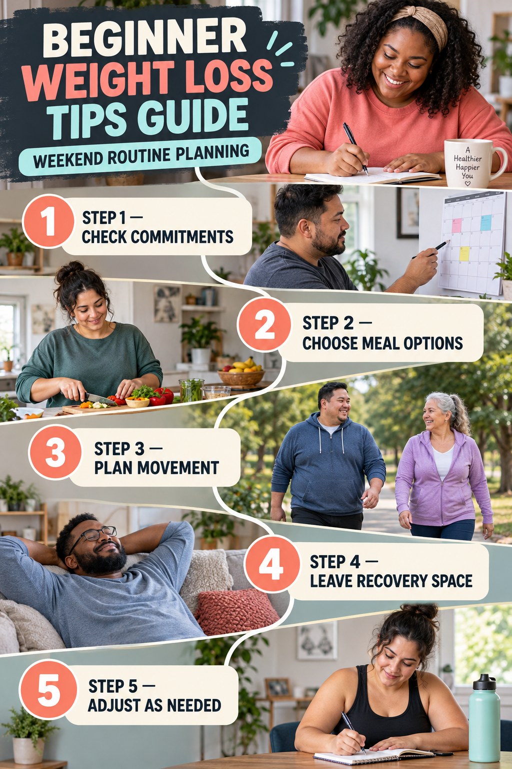 Weight Loss Tips beginner guide graphic showing five manageable stages for weekend routine planning.