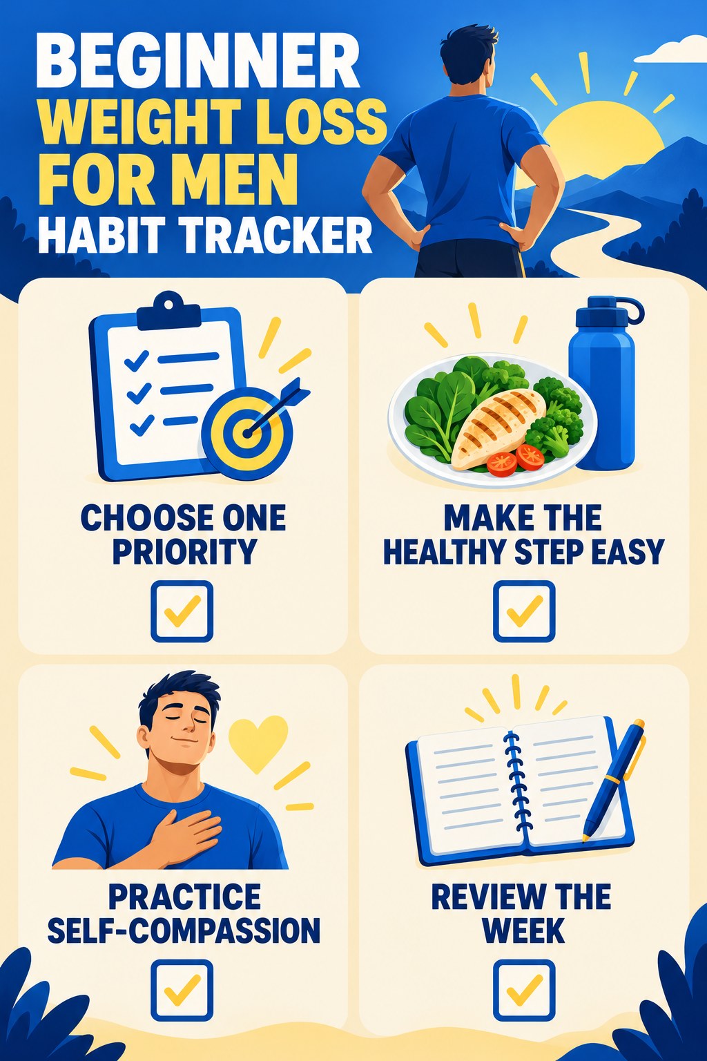 Beginner Weight Loss for Men Habit Tracker infographic with checkboxes for choose one priority, make the healthy step easy, practice self-compassion, review the week.