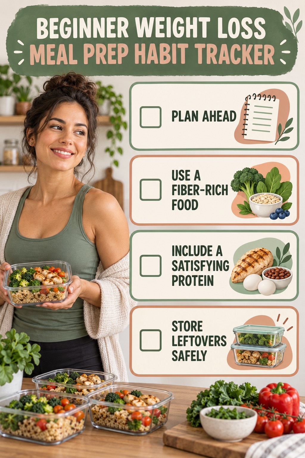 Beginner Weight Loss Meal Prep Habit Tracker infographic with checkboxes for plan ahead, use a fiber-rich food, include a satisfying protein, store leftovers safely.