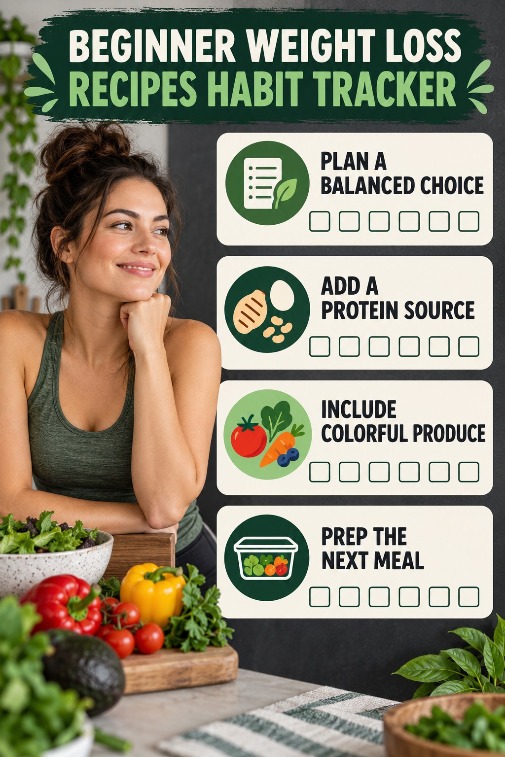 Beginner Weight Loss Recipes Habit Tracker infographic with checkboxes for plan a balanced choice, add a protein source, include colorful produce, prep the next meal.