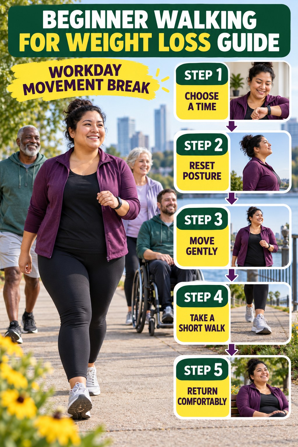 Walking for Weight Loss beginner guide graphic showing five manageable stages for workday movement break.