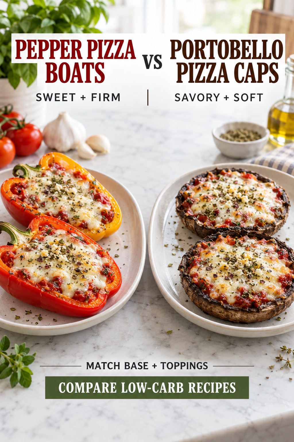 Bell pepper pizza boats and portobello pizza caps with equal tomato sauce, mozzarella, oregano, and garlic.