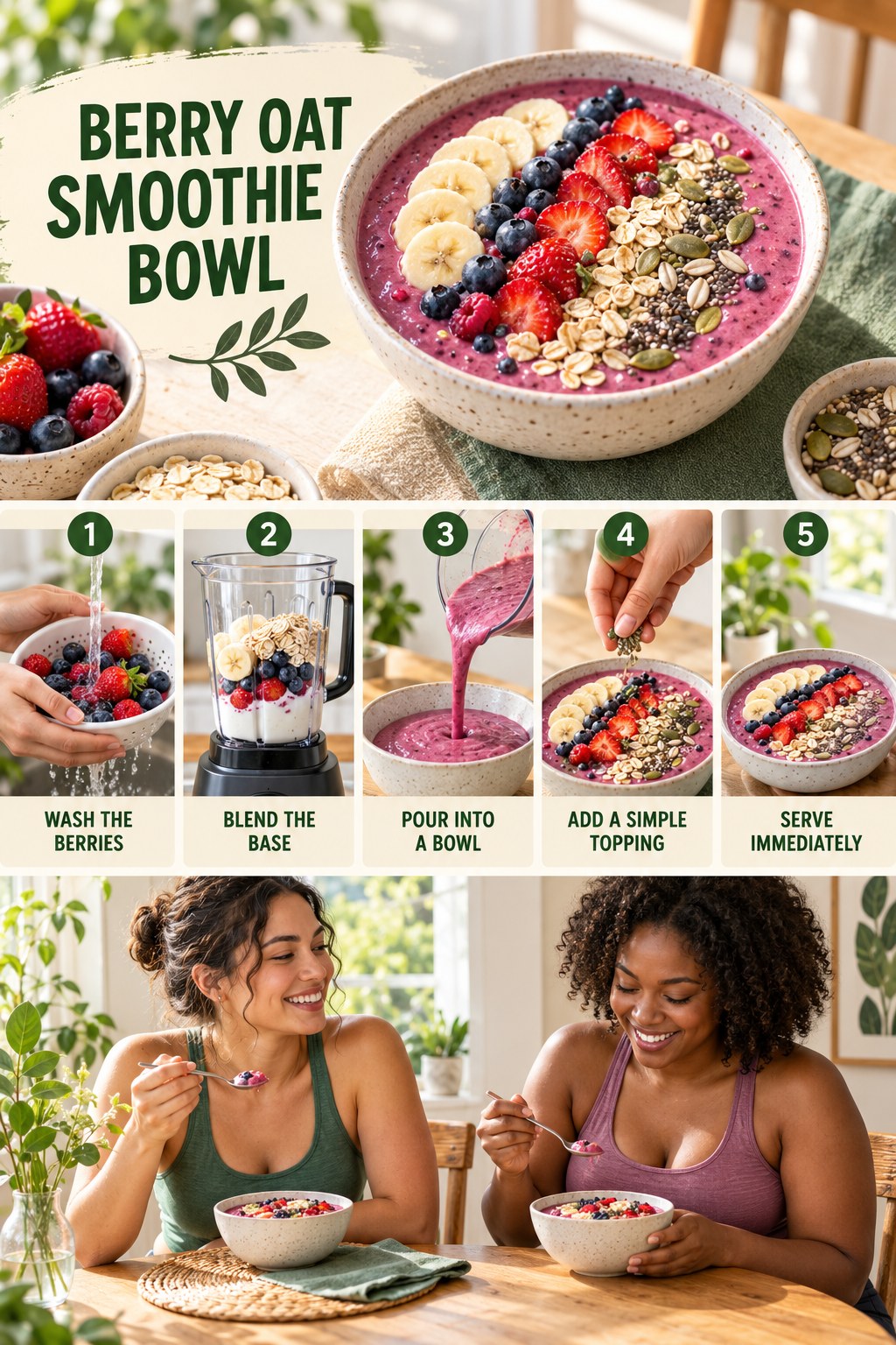 Berry Oat Smoothie Bowl for Cardio Workouts for Weight Loss with five readable preparation cues and a realistic finished dish.