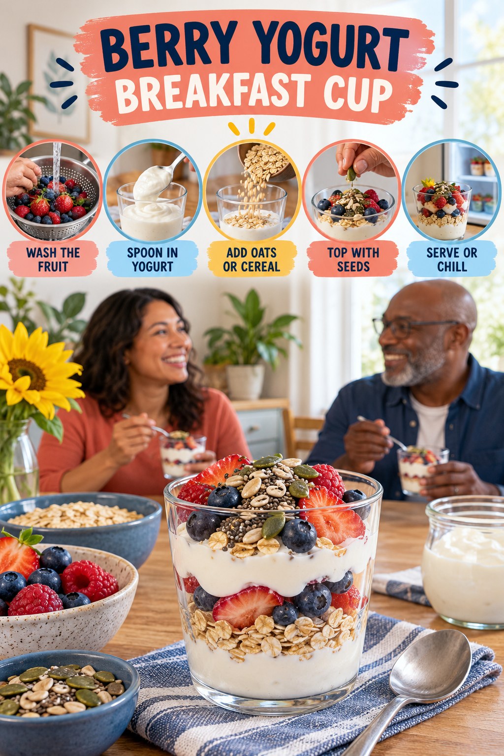 Berry Yogurt Breakfast Cup for Easy Healthy Recipes with five readable preparation cues and a realistic finished dish.