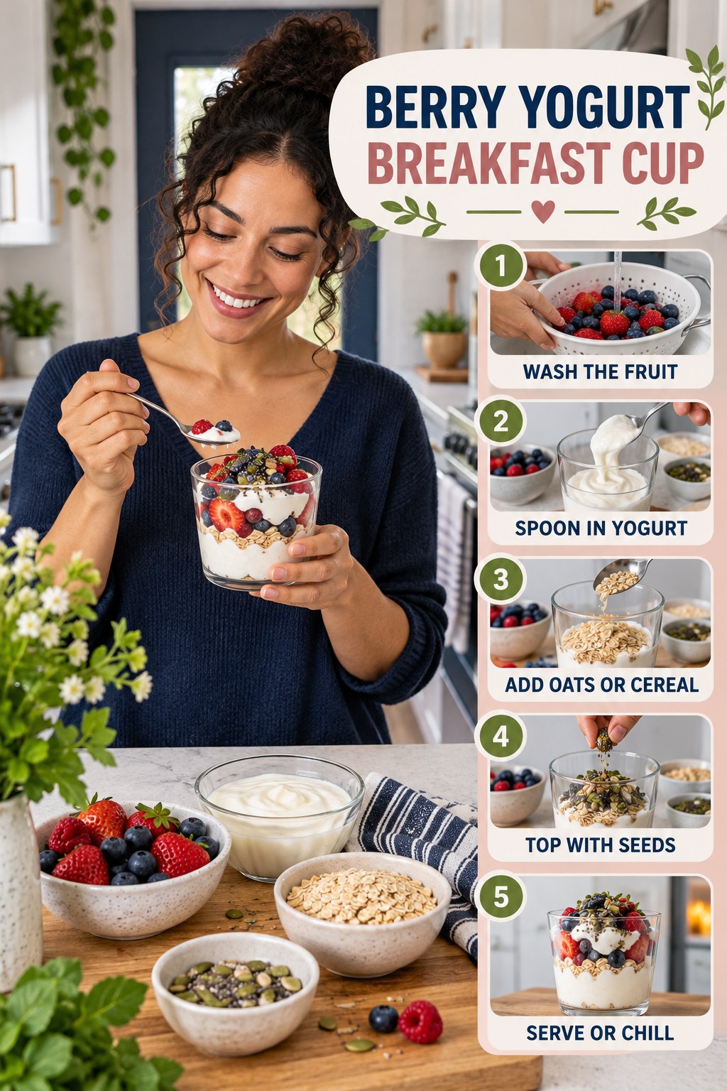 Berry Yogurt Breakfast Cup for Healthy Meal Plans with five readable preparation cues and a realistic finished dish.