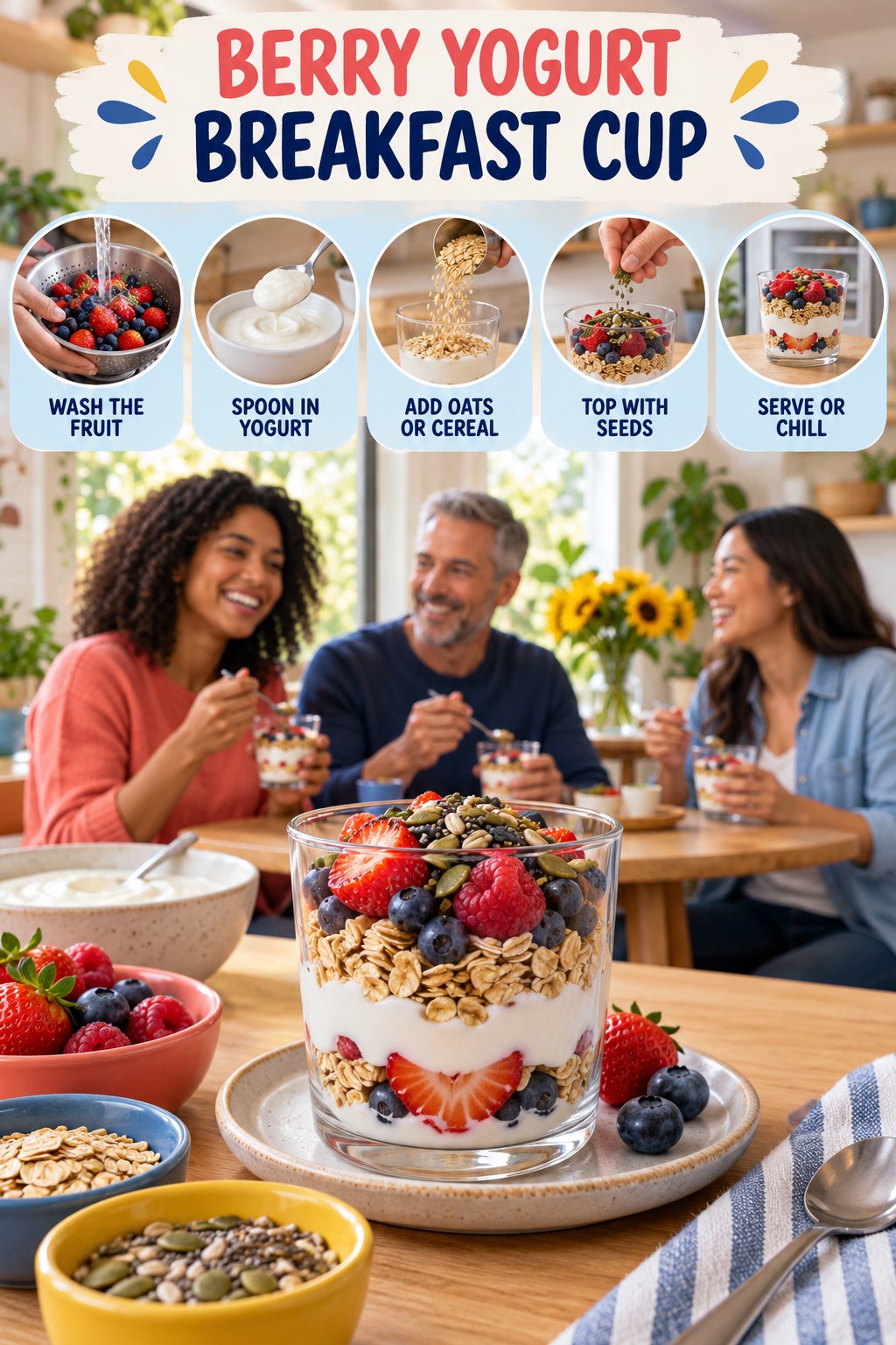 Berry Yogurt Breakfast Cup for High Fiber Foods with five readable preparation cues and a realistic finished dish.