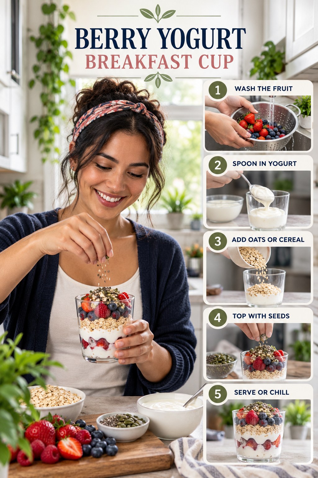 Berry Yogurt Breakfast Cup for High Protein Bowls with five readable preparation cues and a realistic finished dish.