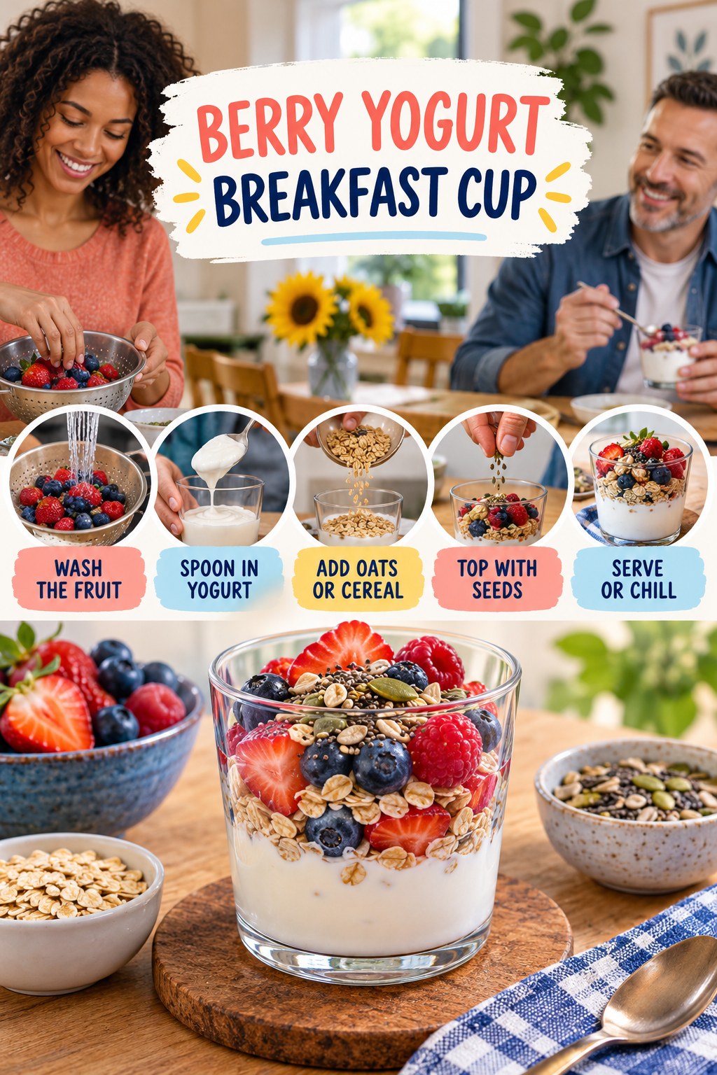 Berry Yogurt Breakfast Cup for High Protein Breakfast with five readable preparation cues and a realistic finished dish.
