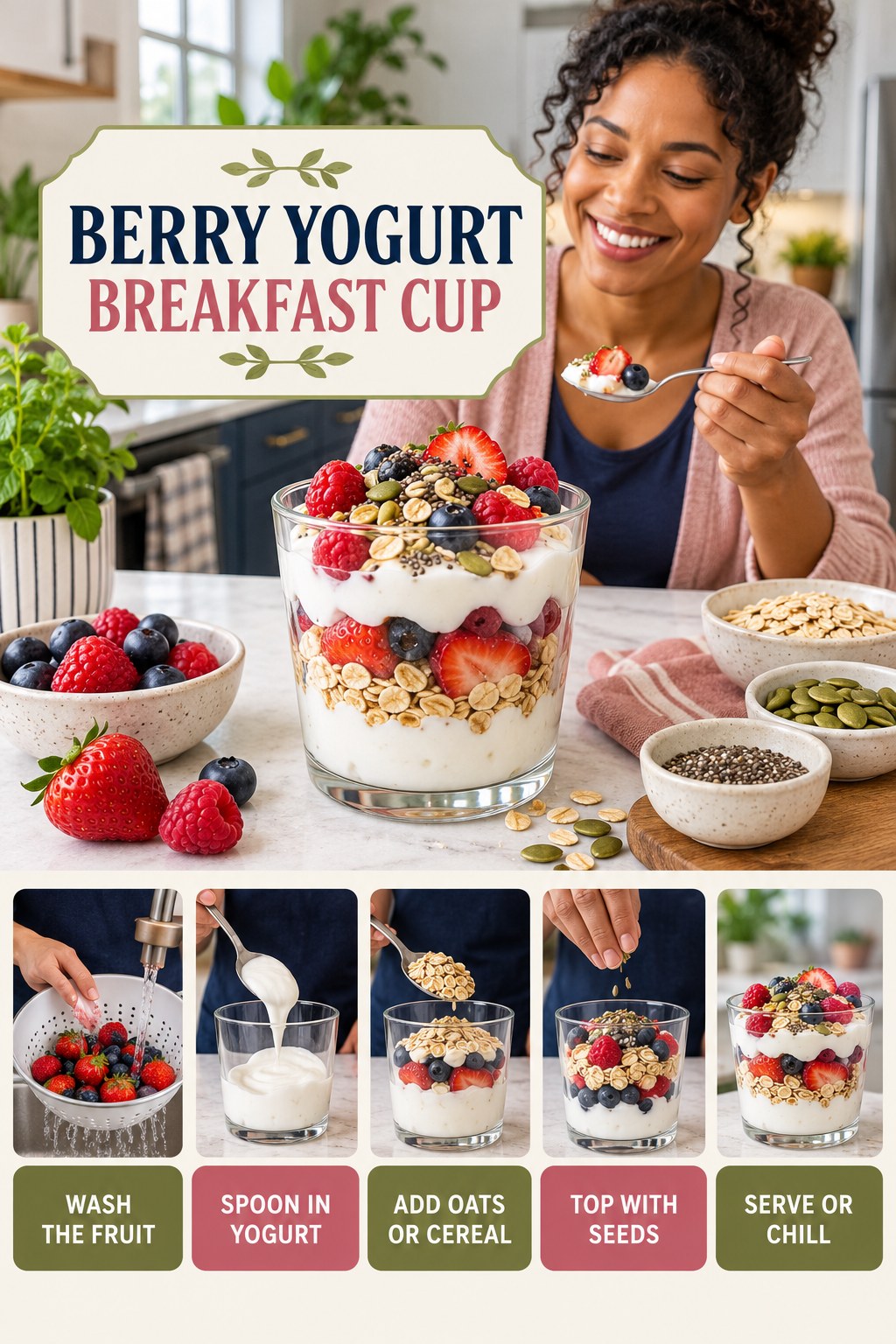 Berry Yogurt Breakfast Cup for Keto Recipes with five readable preparation cues and a realistic finished dish.