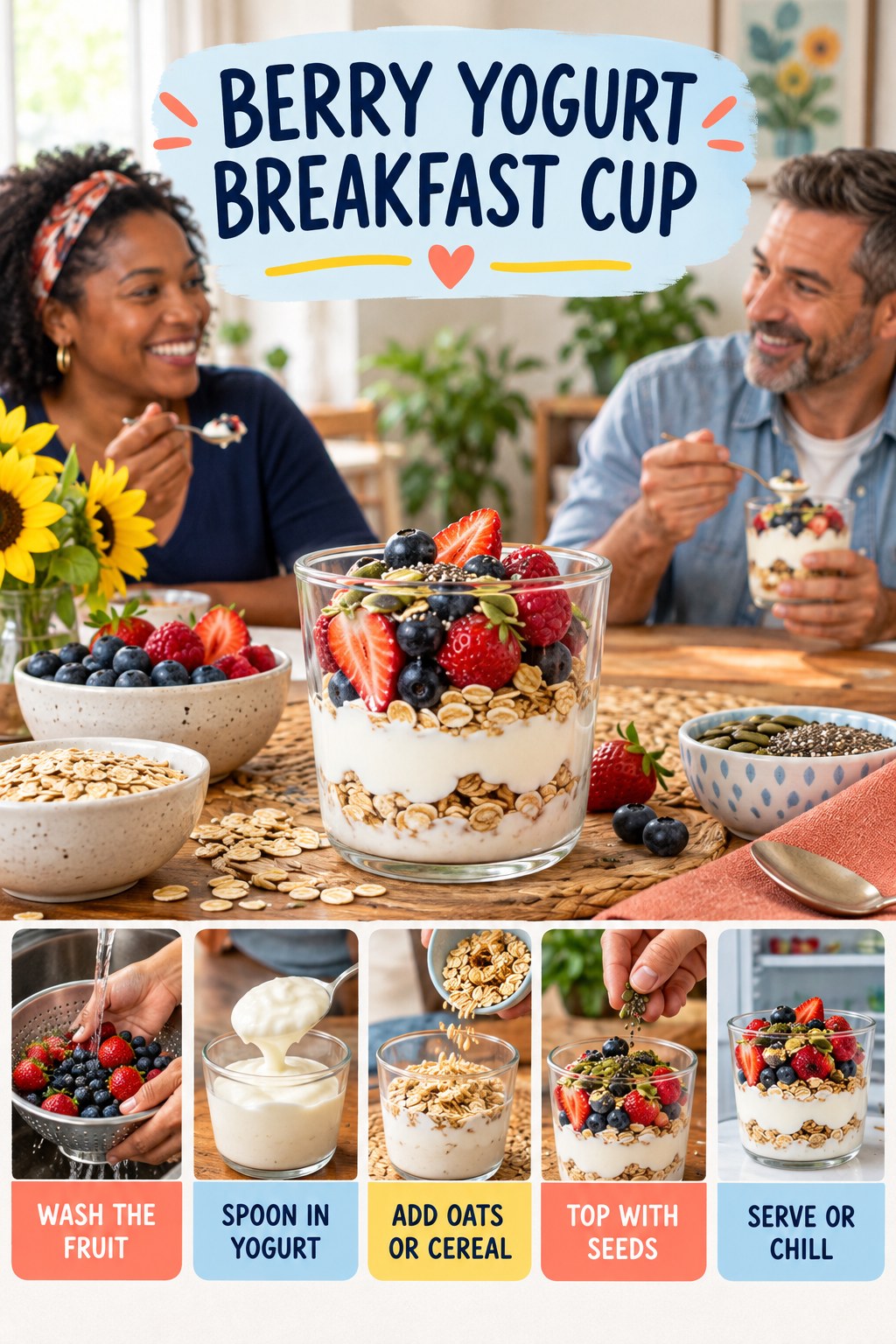 Berry Yogurt Breakfast Cup for Low Calorie Meals with five readable preparation cues and a realistic finished dish.