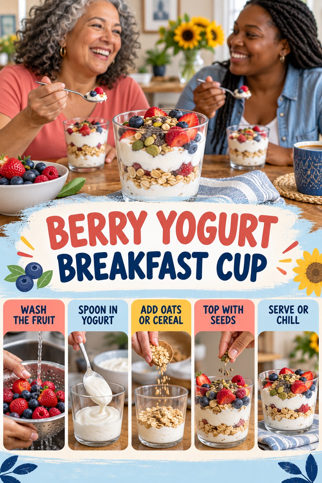 Berry Yogurt Breakfast Cup for Low Carb Diet with five readable preparation cues and a realistic finished dish.