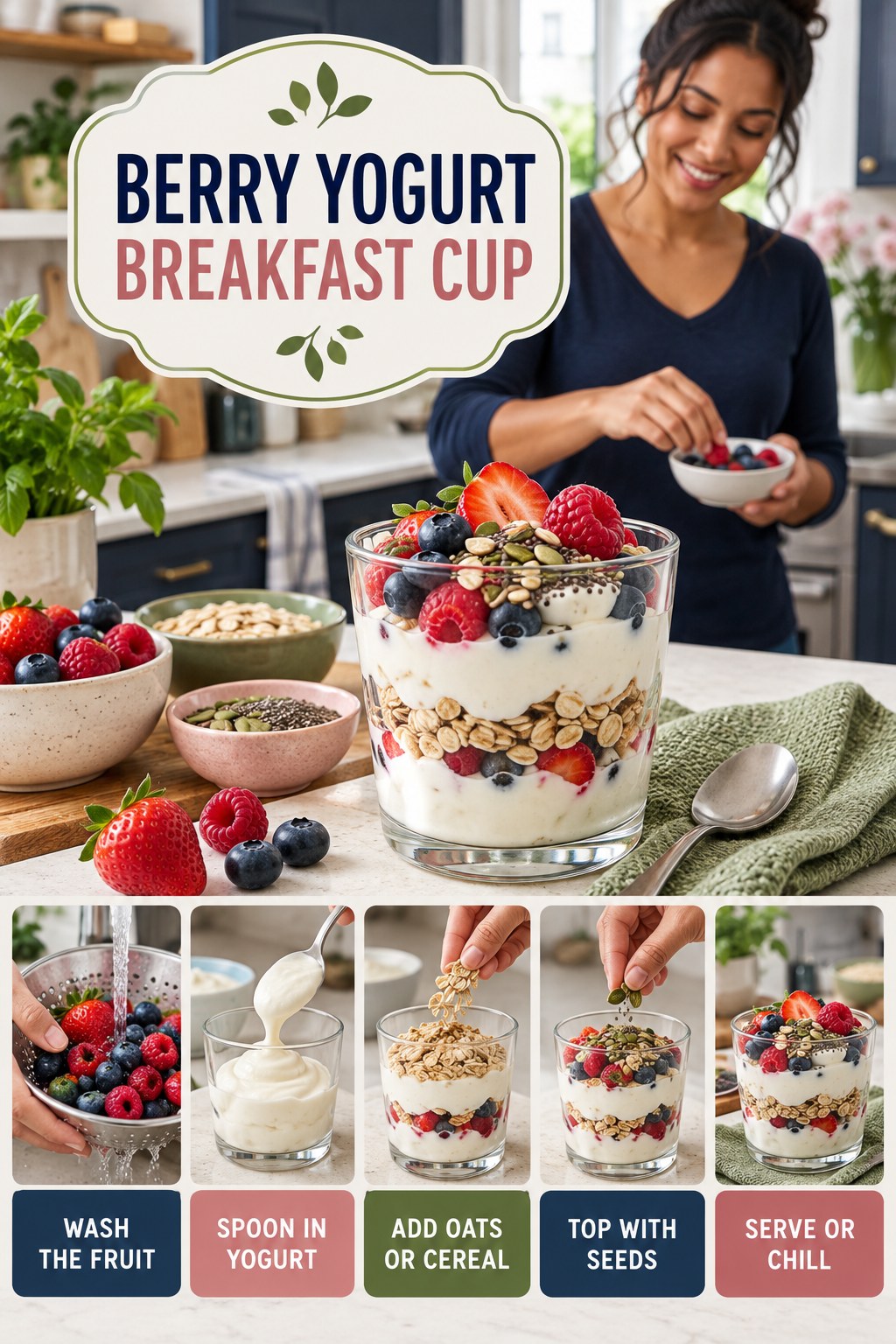 Berry Yogurt Breakfast Cup for Weight Loss Meal Plans with five readable preparation cues and a realistic finished dish.