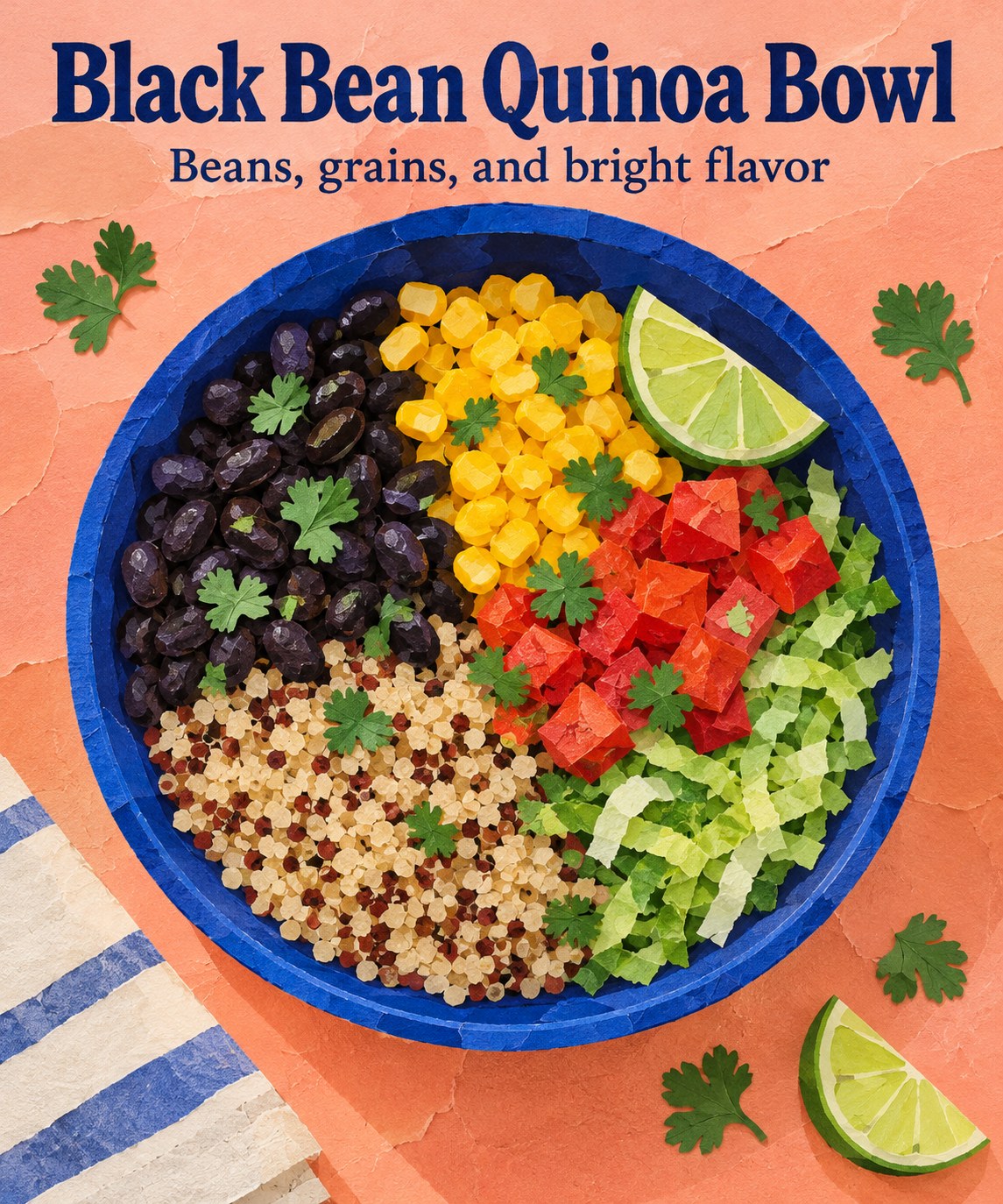 Black bean and quinoa bowl with corn, tomatoes, shredded lettuce, and lime.