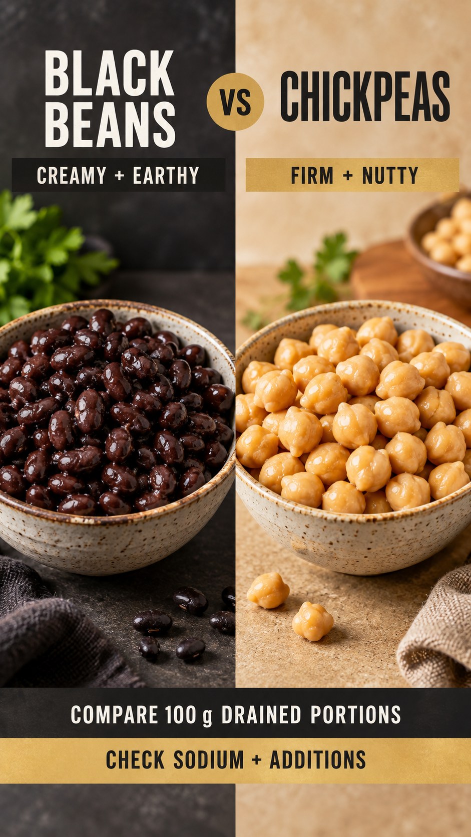 Black beans and chickpeas in equal 100 g cooked drained portions, compared for texture, sodium, cost, and recipe use.