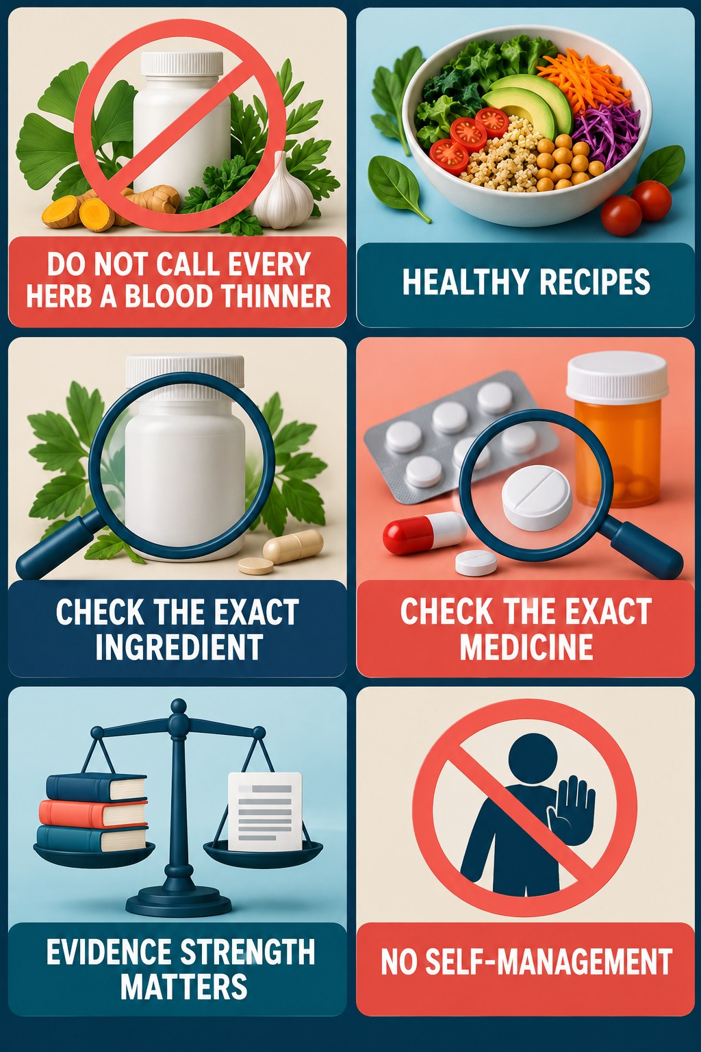 Bleeding-Risk Claims Need Ingredient Evidence supplement-interaction safety infographic for Healthy Recipes with four concise review points.