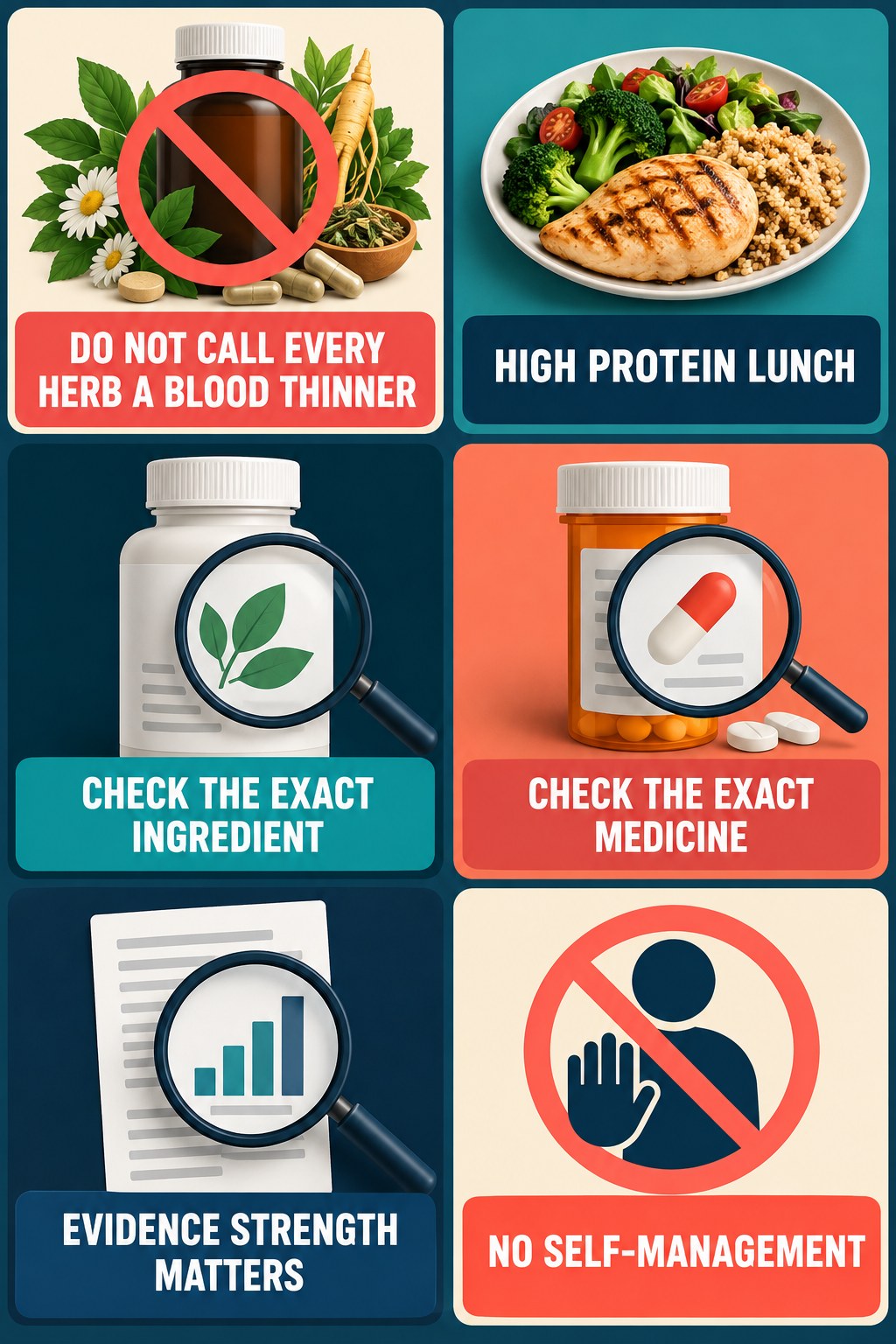 Bleeding-Risk Claims Need Ingredient Evidence supplement-interaction safety infographic for High Protein Lunch with four concise review points.