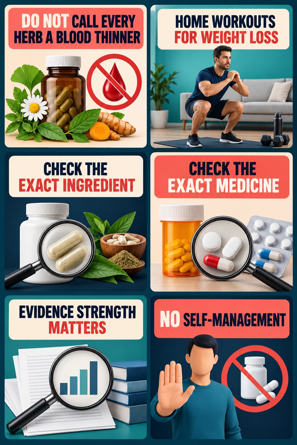 Bleeding-Risk Claims Need Ingredient Evidence supplement-interaction safety infographic for Home Workouts for Weight Loss with four concise review points.