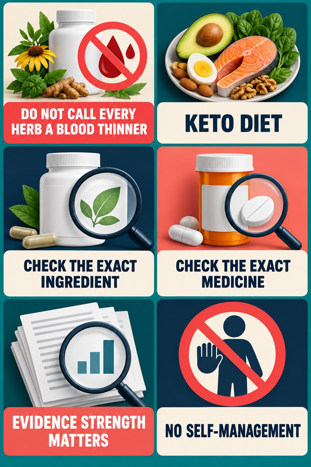 Bleeding-Risk Claims Need Ingredient Evidence supplement-interaction safety infographic for Keto Diet with four concise review points.