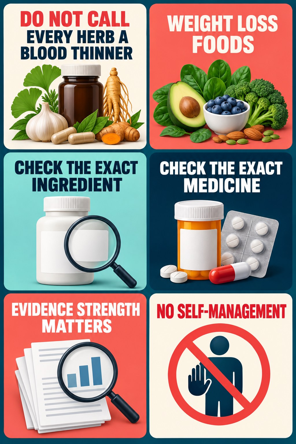 Bleeding-Risk Claims Need Ingredient Evidence supplement-interaction safety infographic for Weight Loss Foods with four concise review points.