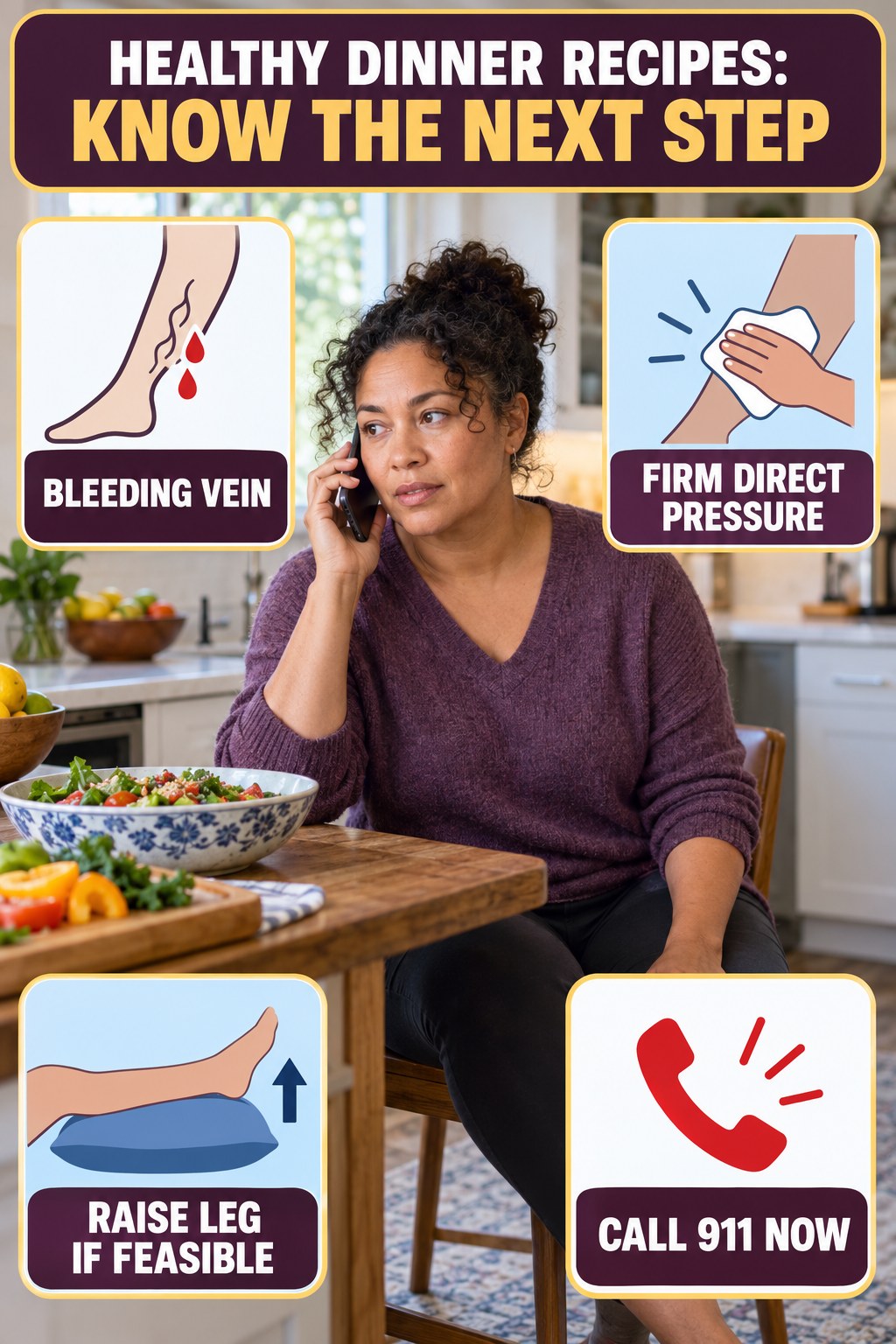 Bleeding Vein Emergency infographic for Healthy Dinner Recipes, explaining vein-health warning signs and the appropriate next action without diagnosing a condition.